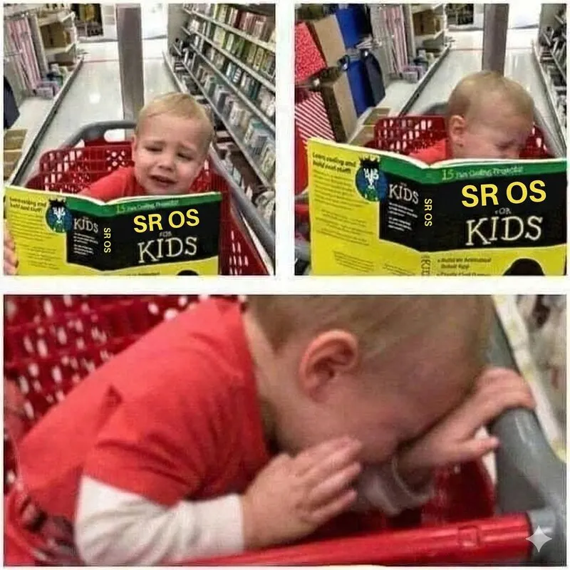 Kid reading SR OS for Kids book, then crying in shopping cart