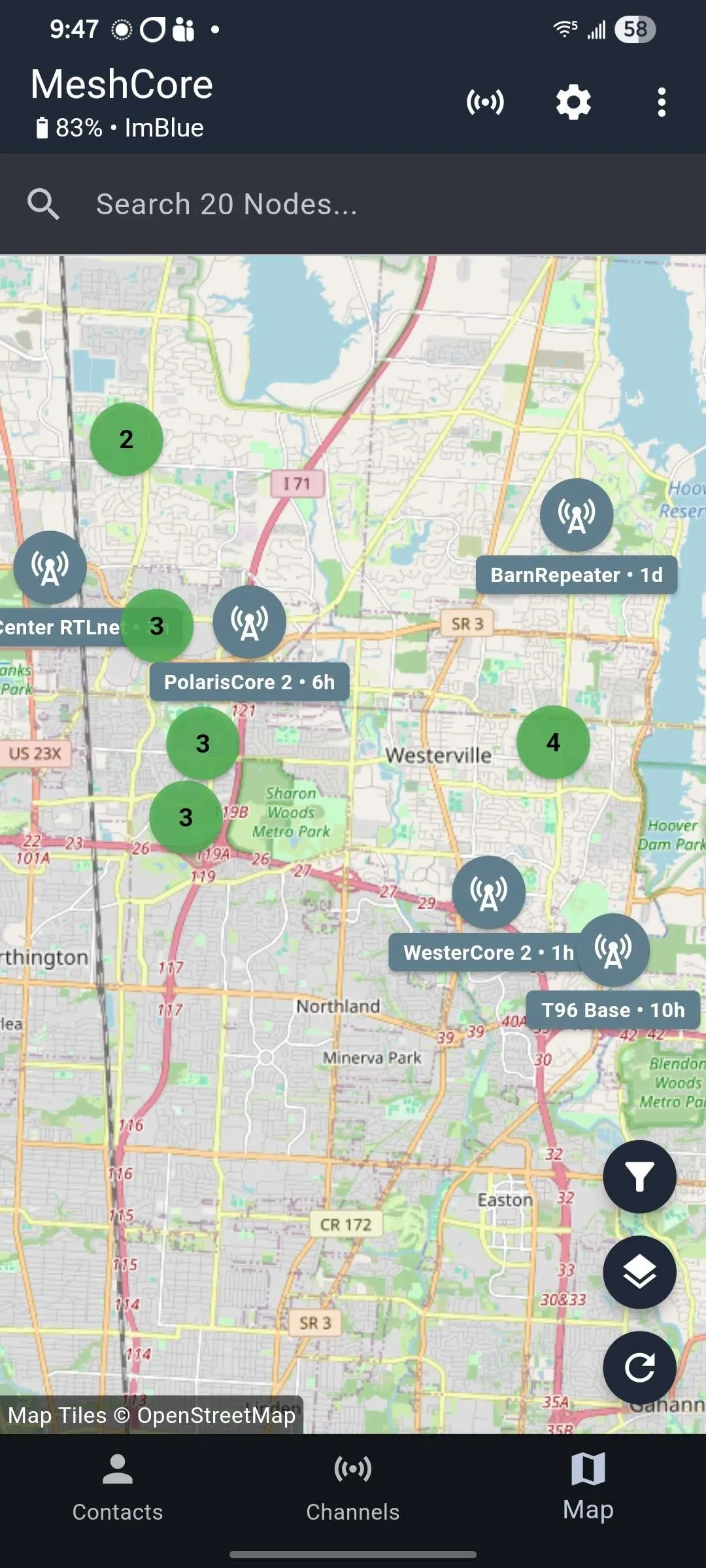 The local MeshCore network with 20 active nodes