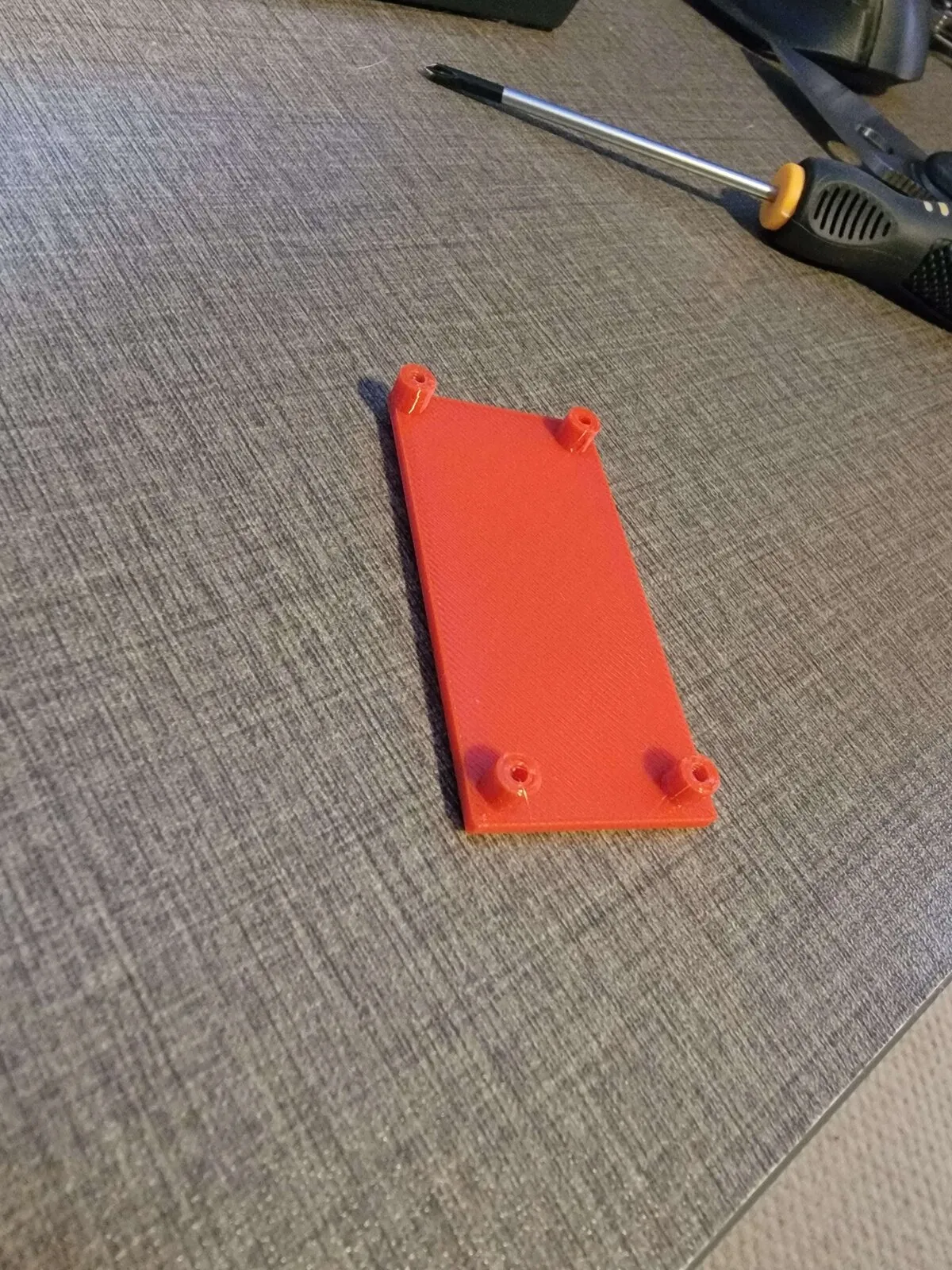 The red PETG mounting plate with standoffs and M2 screw holes